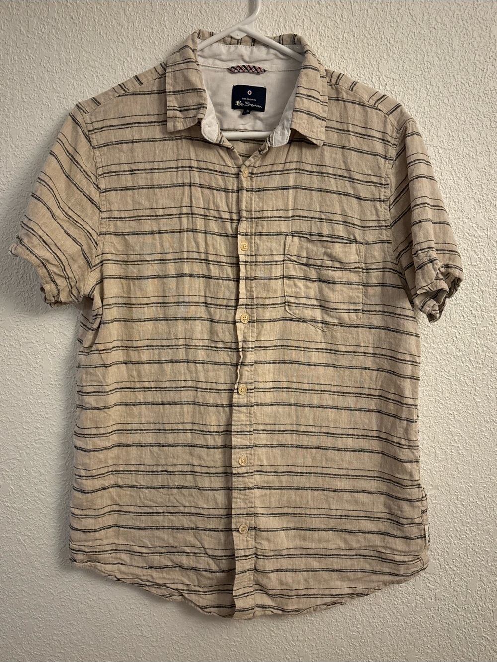 Ben Sherman Beige Short-Sleeve Button-Down with Black Stripe